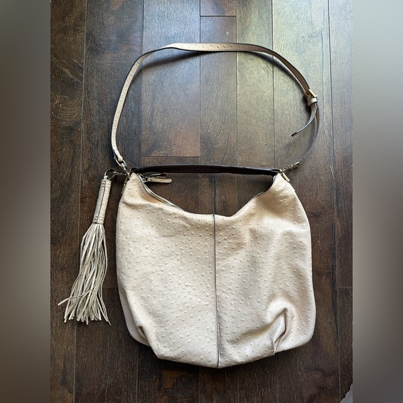 G.I.L.I. Handbags - G.I.L.I. Pale Peach  Ostrich Embossed Leather Hobo Bag with Tassel